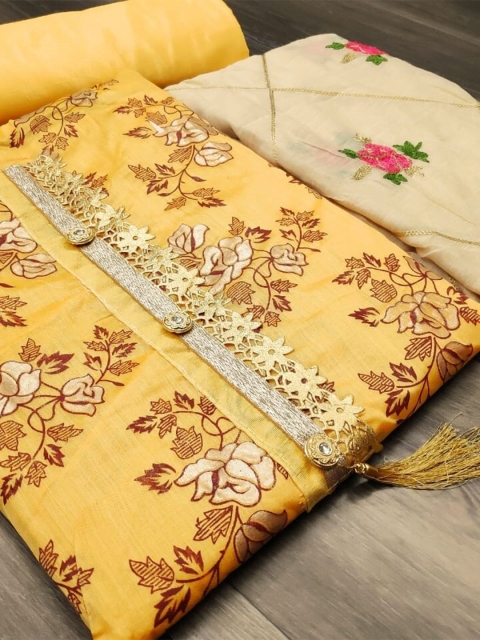 

KALINI Yellow & Maroon Embroidered Unstitched Dress Material