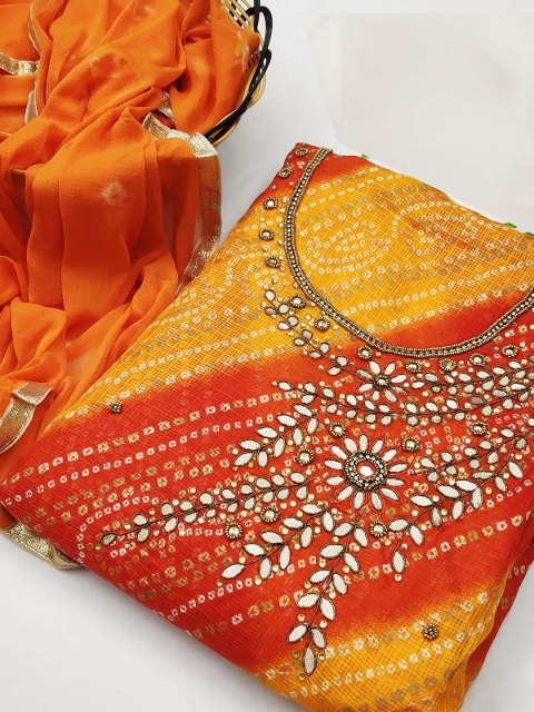 

KALINI Orange & Yellow Unstitched Dress Material