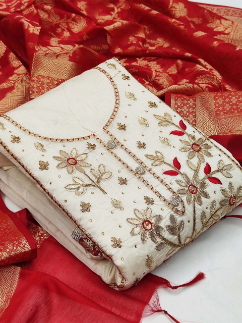 

KALINI White & Red Unstitched Dress Material