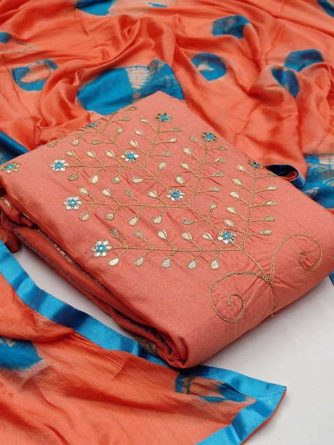 

KALINI Peach-Coloured & Blue Pure Cotton Unstitched Dress Material