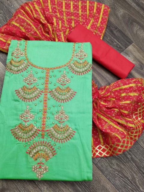 

KALINI Green & Red Unstitched Dress Material