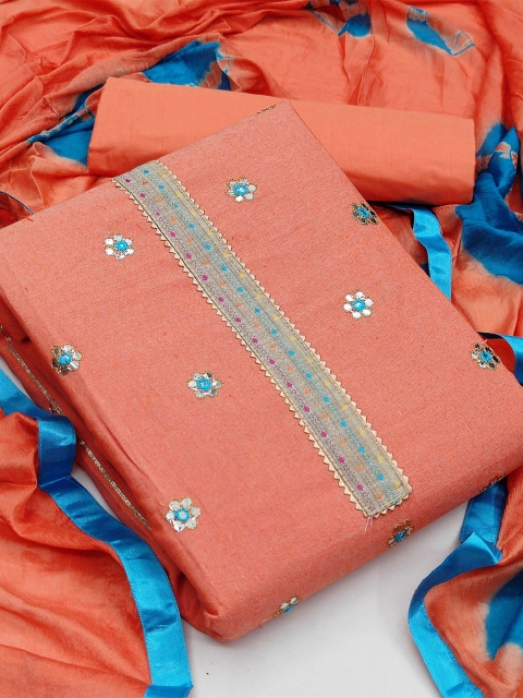 

KALINI Peach-Coloured & Blue Pure Cotton Unstitched Dress Material