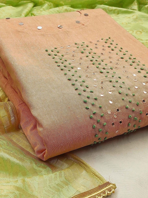 

KALINI Peach-Coloured & Green Pure Cotton Unstitched Dress Material