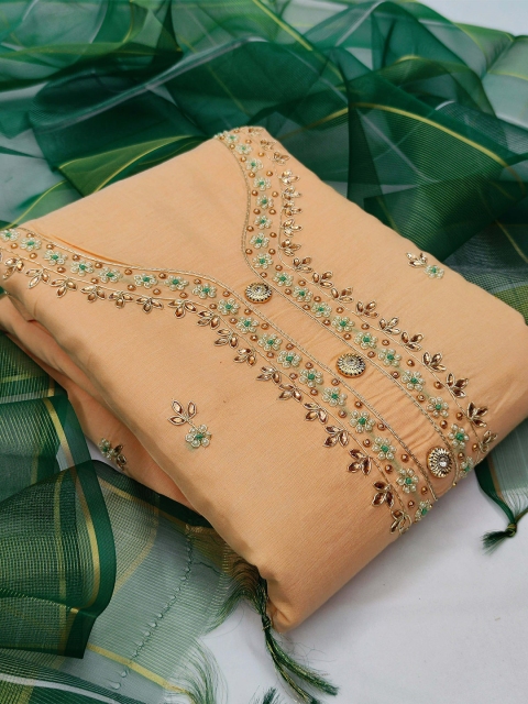 

KALINI Peach-Coloured & Green Unstitched Dress Material