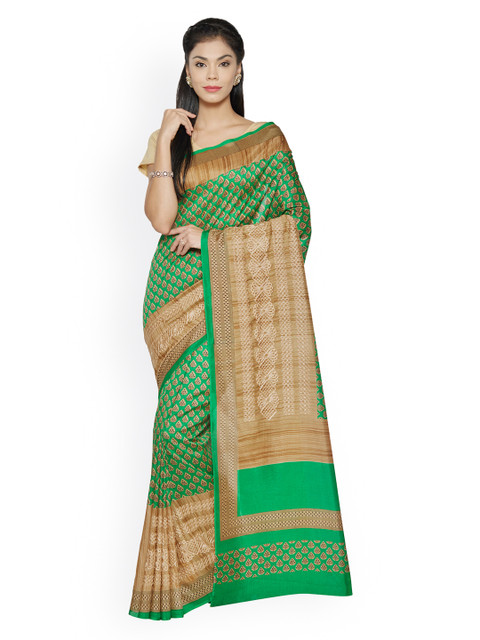 

Saree mall Green & Beige Silk Cotton Printed Bhagalpuri Saree