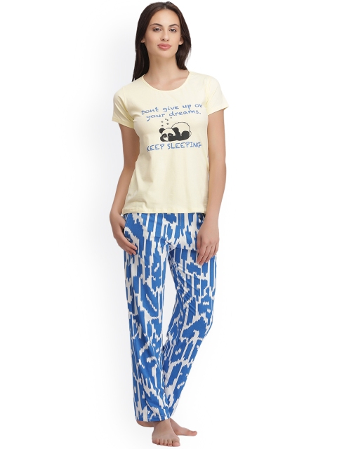 

Clovia Cream-Coloured & Blue Printed Nightsuit LS0183P03XL