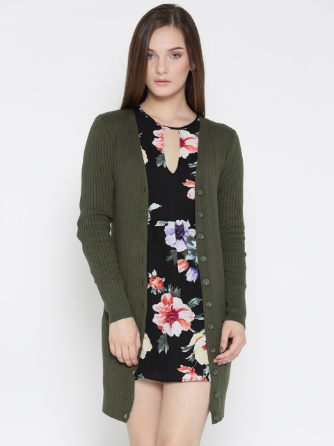 

FOREVER 21 Women Olive Green Self-Striped Longline Cardigan