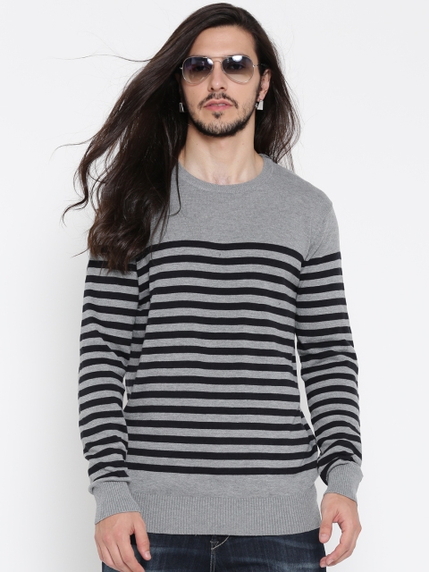 

FOREVER 21 Men Grey Melange & Navy Striped Pullover