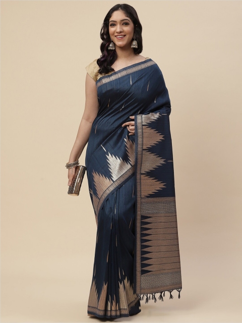 

Meena Bazaar Women Navy Blue & Gold-Toned Zari Art Silk Kanjeevaram Saree