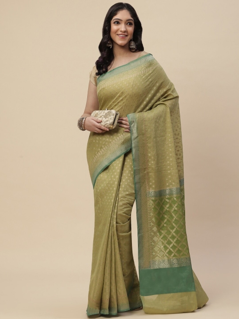 

Meena Bazaar Green & Gold-Toned Woven Design Zari Silk Cotton Kanjeevaram Saree