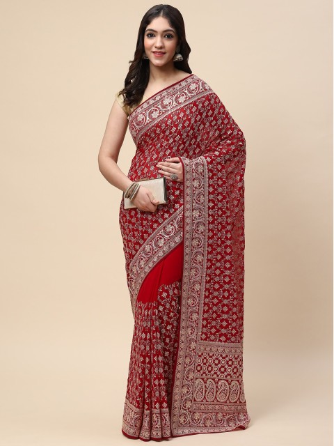 

Meena Bazaar Maroon & Gold-Toned Embellished Embroidered Saree