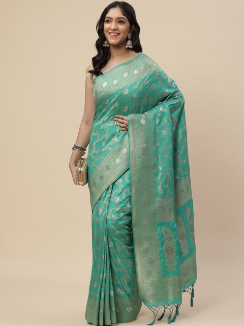 

Meena Bazaar Sea Green & Gold-Toned Woven Design Zari Art Silk Kanjeevaram Saree