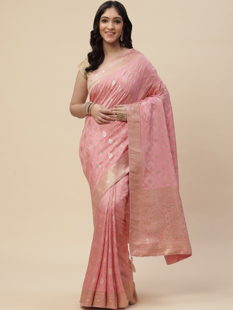 

Meena Bazaar Pink & Gold-Toned Woven Design Zari Art Silk Kanjeevaram Saree