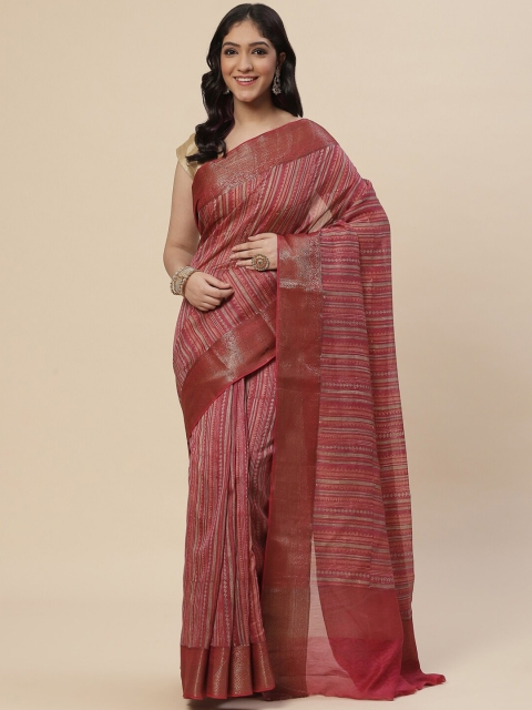 

Meena Bazaar Pink & Silver-Toned Striped Zari Silk Cotton Kanjeevaram Saree