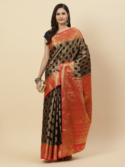 

Meena Bazaar Navy Blue & Red Zari Art Silk Kanjeevaram Saree