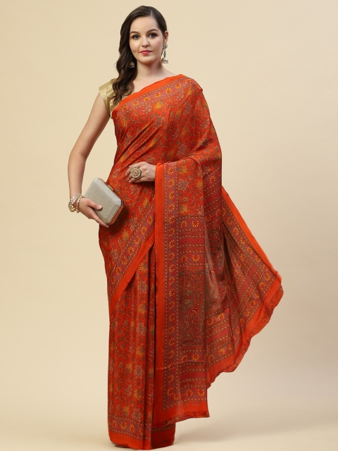 

Meena Bazaar Orange & Yellow Floral Printed Pure Crepe Saree