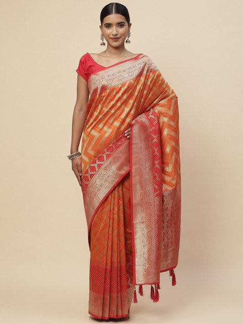 

Meena Bazaar Mustard & Red Woven Design Zari Art Silk Kanjeevaram Saree
