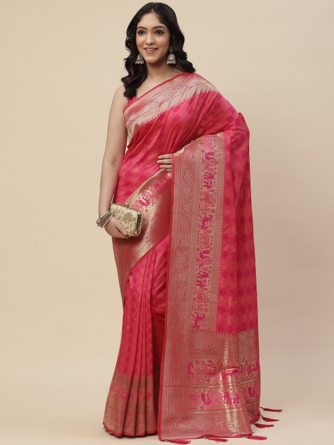 

Meena Bazaar Pink & Gold-Toned Zari Art Silk Kanjeevaram Saree