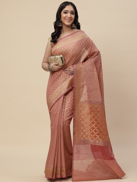 

Meena Bazaar Pink & Gold-Toned Zari Silk Cotton Kanjeevaram Saree