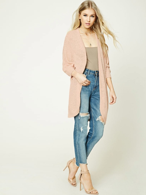 

FOREVER 21 Women Peach-Coloured Solid Longline Front-Open Cardigan