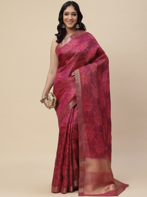 

Meena Bazaar Pink & Gold-Toned Floral Zari Art Silk Saree