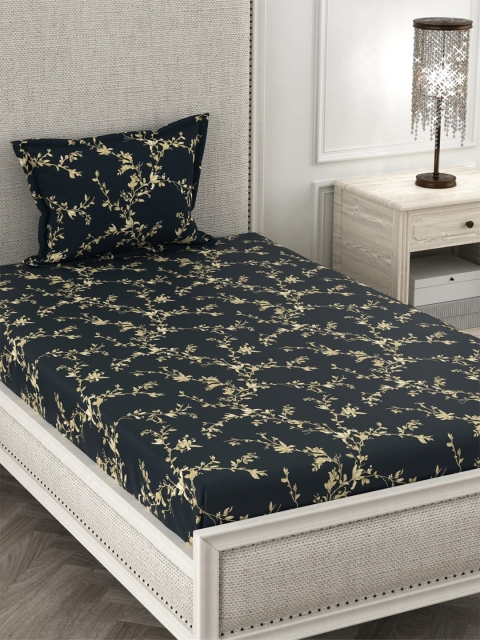 

CHHAVI INDIA Navy Blue & Cream-Coloured Floral 210 TC Single Bedsheet with 1 Pillow Covers