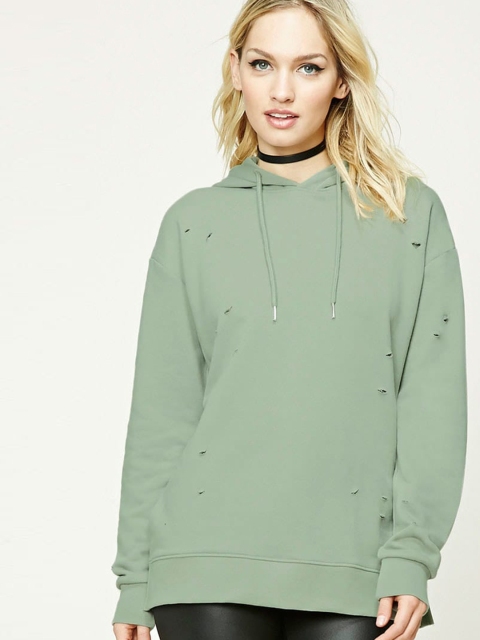 

FOREVER 21 Women Olive Green Solid Hooded Sweatshirt