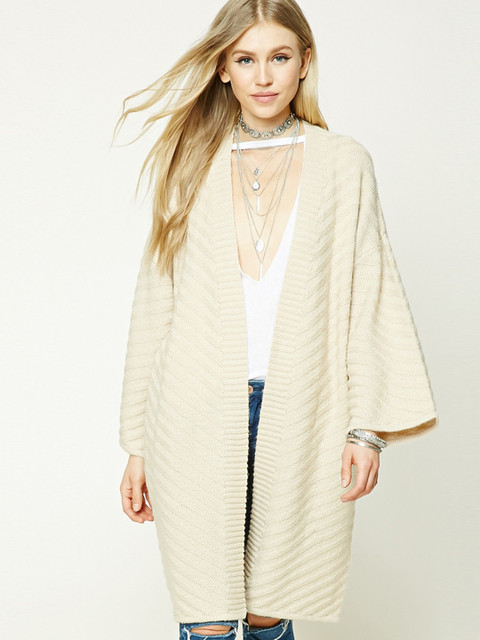 

FOREVER 21 Women Beige Self-Striped Front-Open Longline Cardigan