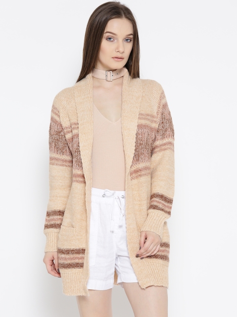 

FOREVER 21 Women Beige & Brown Striped Front-Open Cardigan