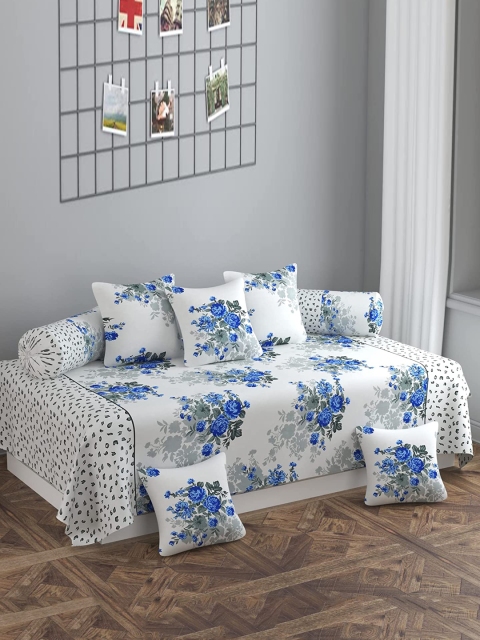 

MODEFE Set of 8 White & Blue Floral Printed Cotton Diwan Set