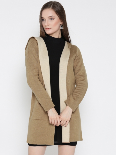 

FOREVER 21 Women Beige Solid Hooded Front-Open Cardigan