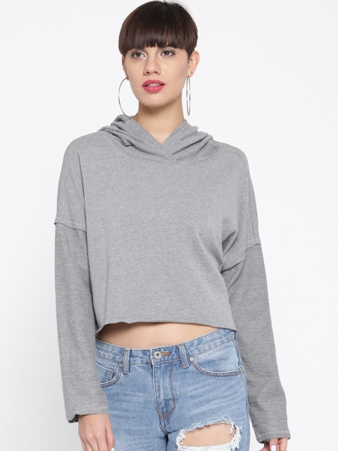 

FOREVER 21 Women Grey Solid Hooded Crop Sweatshirt