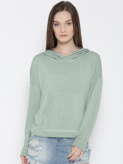 

FOREVER 21 Women Green Solid Hooded Sweatshirt