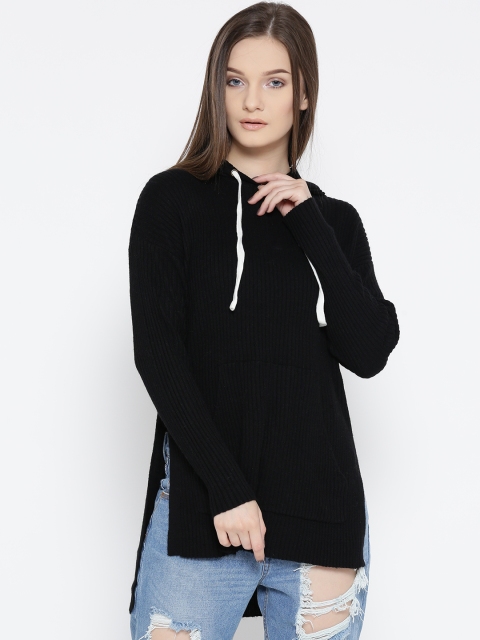 

FOREVER 21 Women Black Solid Longline Hooded Sweatshirt