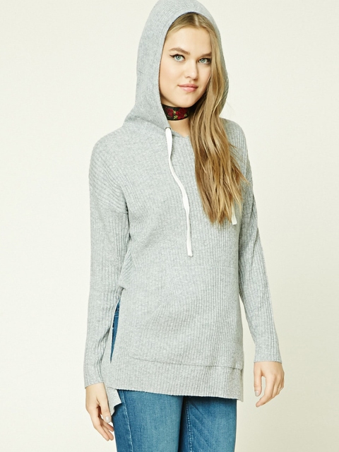 

FOREVER 21 Women Grey Melange Hooded Pullover
