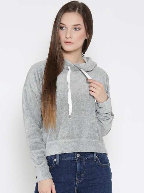 

FOREVER 21 Women Grey Melange Solid Hooded Sweatshirt