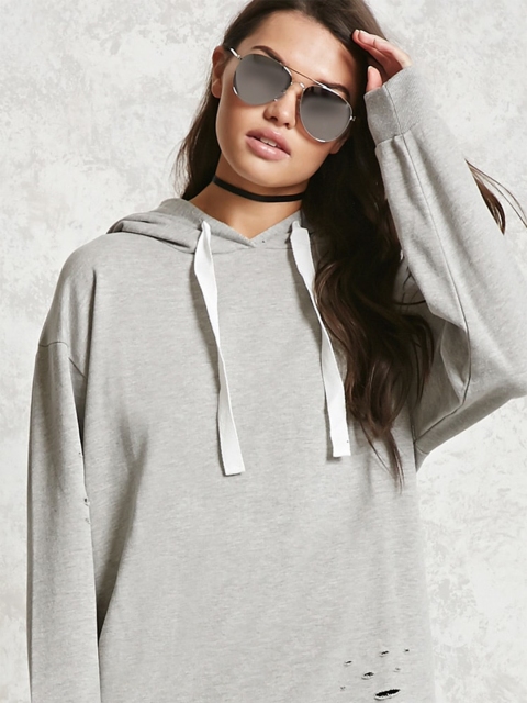 

FOREVER 21 Women Grey Melange Solid Hooded Sweatshirt