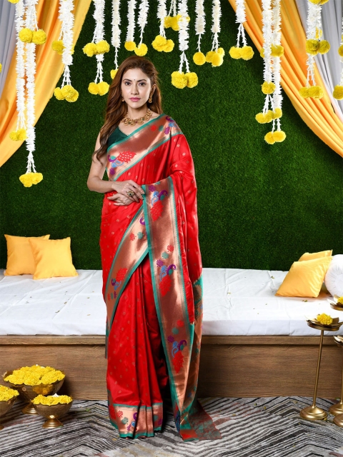 

BEATITUDE Red & Turquoise Blue Ethnic Motifs Zari Silk Blend Paithani Saree