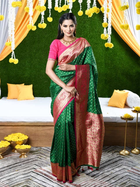 

BEATITUDE Green & Pink Ethnic Motif Woven Zari Pure Silk Banarasi Saree