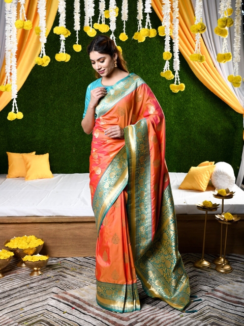 

BEATITUDE Peach-Coloured & Turquoise Blue Woven Zari Pure Silk Banarasi Saree
