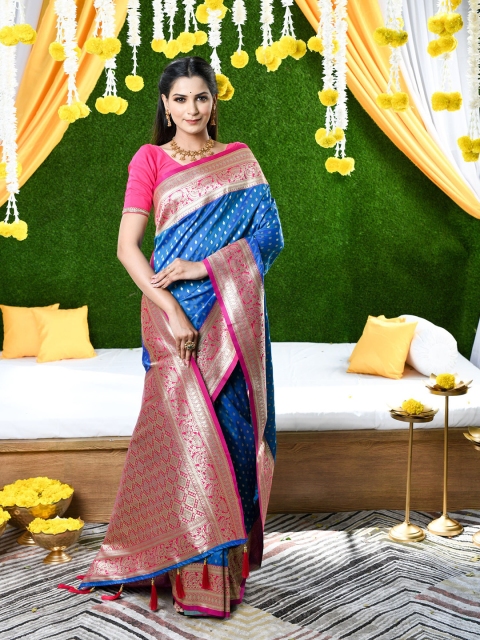

BEATITUDE Blue & Pink Woven Design Zari Pure Silk Banarasi Saree