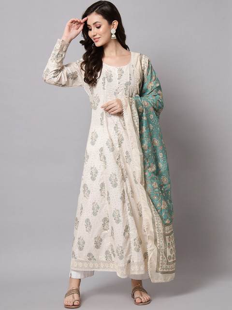 

Silai Bunai Women Green Floral Printed Panelled Sequinned Pure Cotton Kurta with Trousers & With Dupatta
