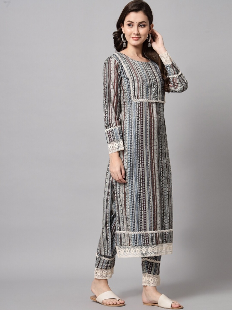 

Silai Bunai Women Navy Blue Printed Sequinned Kurta with Trousers & With Dupatta