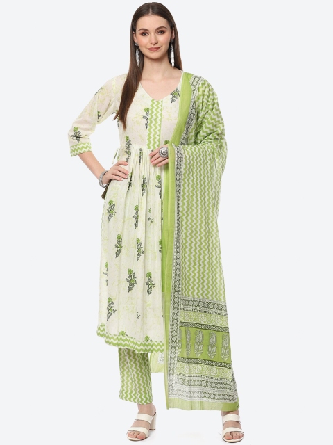 

Biba Women Off White & Green Printed Cotton Blend Unstitched Dress Material