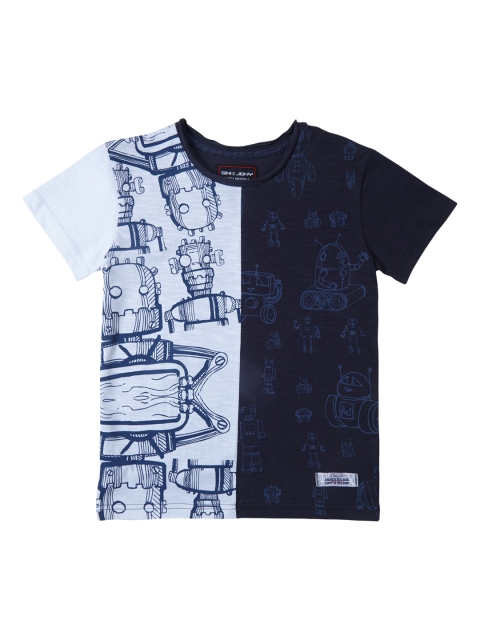 

Gini and Jony Boys White & Navy Printed Round Neck T-shirt