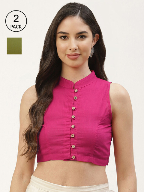 

Molcha Women Pack Of 2 Solid Saree Blouse, Olive