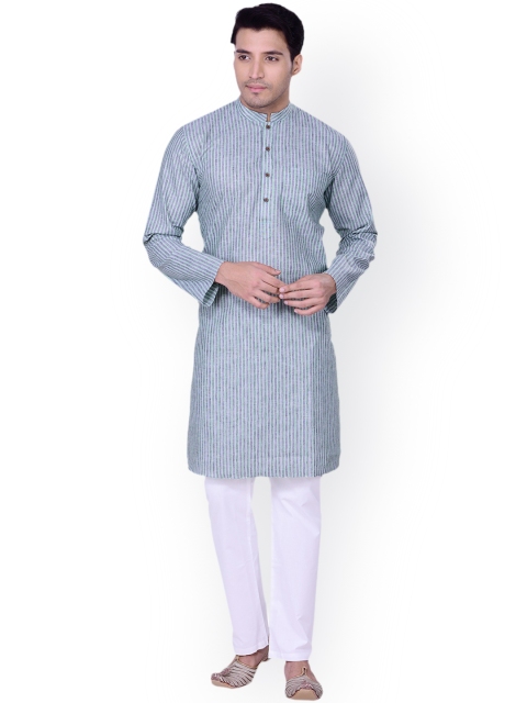 

Manyavar Men Sea Green & Blue Striped Straight Kurta