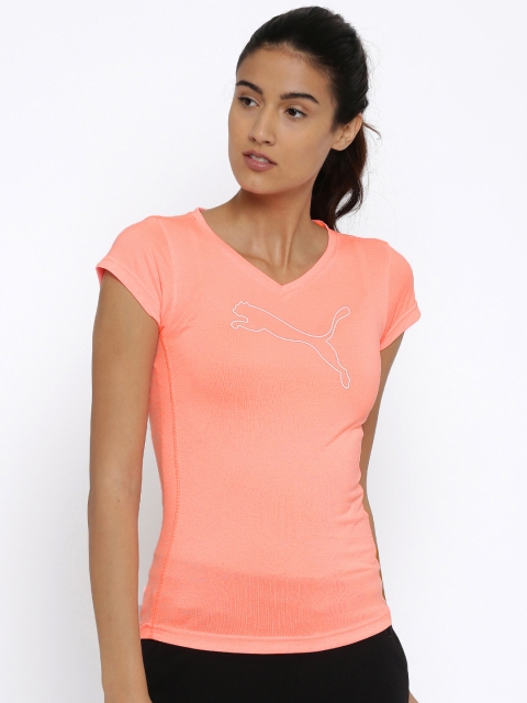 

Puma Women Peach-Coloured Heather Cat Solid Slim Fit V-Neck T-shirt