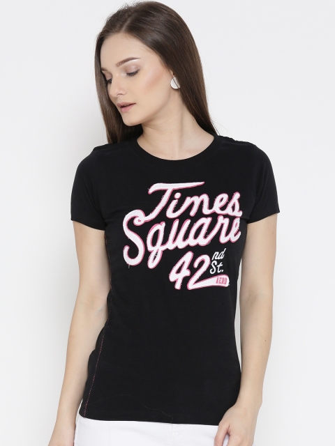 

Aeropostale Women Black Applique Detail Round Neck T-shirt