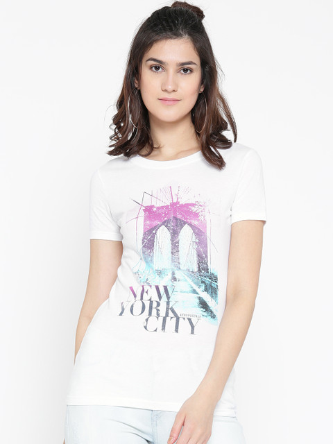 

Aeropostale Women White Printed Round Neck T-shirt